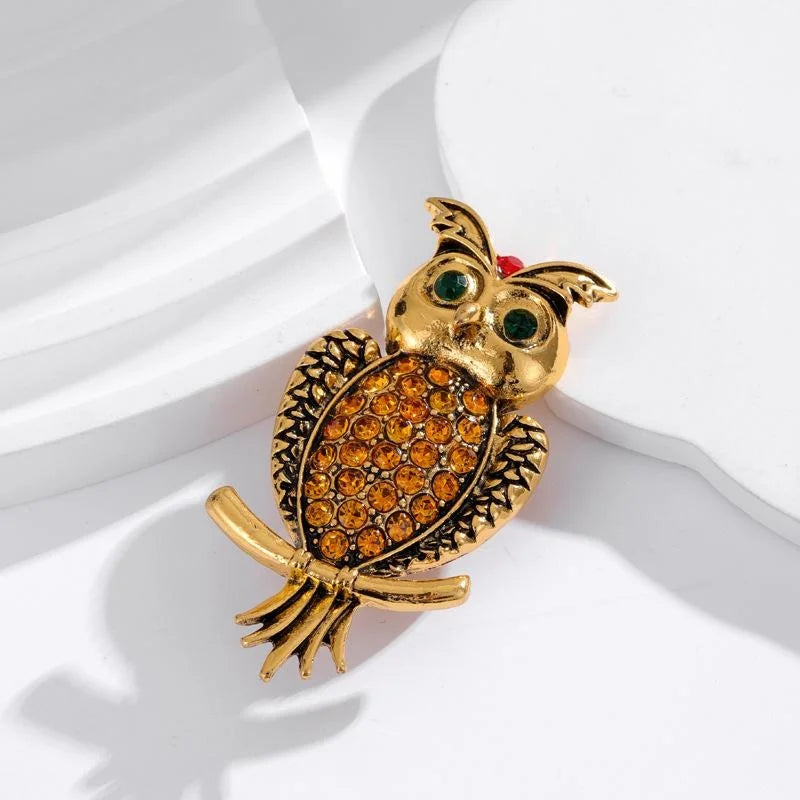 Vintage Gold Alloy Owl Brooch With Amber Rhinestones, Elegant Animal Lapel Pin Suit Accessory Gift