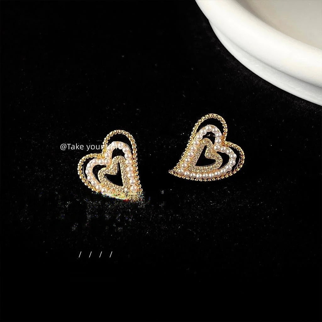 French Vintage Copper Pearl Heart Stud Earrings With Micro Pave Zircon Multi Layer Design