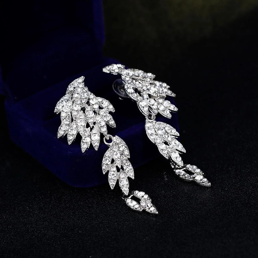 Luxury Rhinestone Crystal Leaf Tassel Drop Earrings, Silver Alloy Bridal Statement Jewelry For Wedding Party