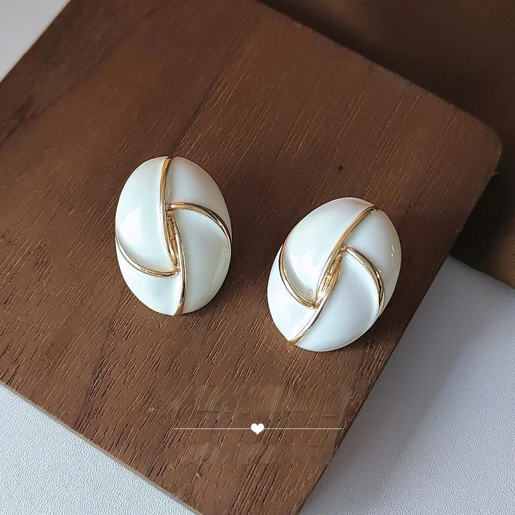 Hong Kong Style Cream Enamel Oval Geometric Copper Stud Earrings With 14K Plated Pins