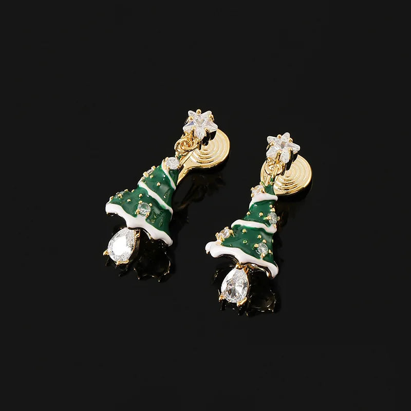 Elegant Green Enamel Christmas Tree Zircon Dangle Stud & Clip On No Piercing Holiday Earrings