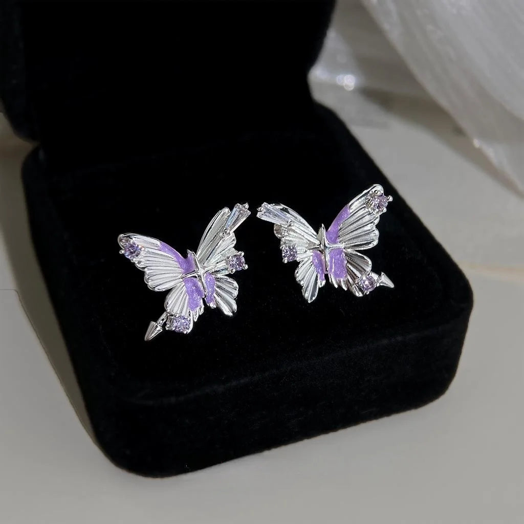 Original Designer Eco Copper Zircon Purple Butterfly Stud Earrings For Women Sweet Cool Style