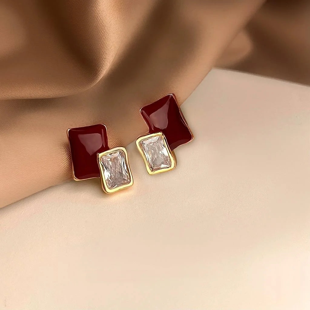 14K Plated Copper Geometric Square Zircon Burgundy Enamel Stud Earrings