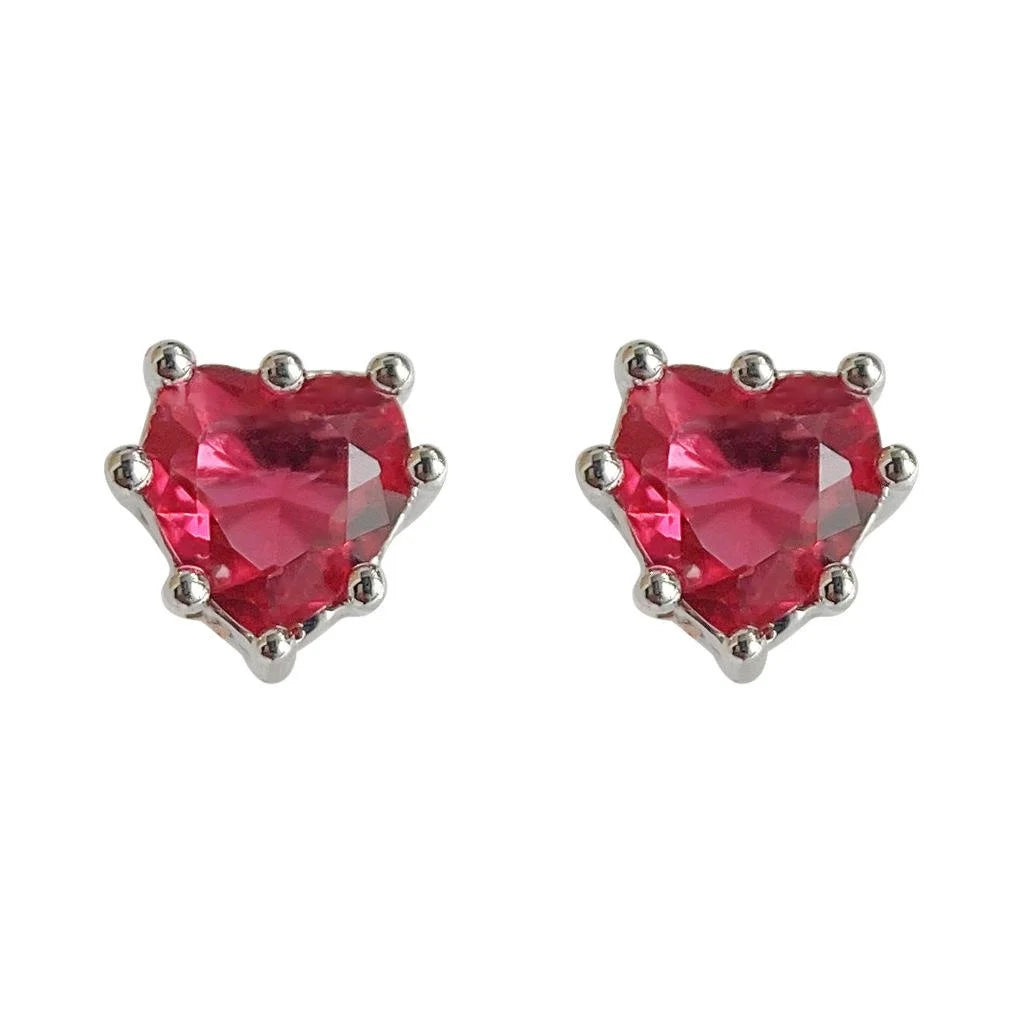 French Minimalist Red Heart Mini Zircon Copper Stud Earrings Micro Pave Sweet Cool Jewelry