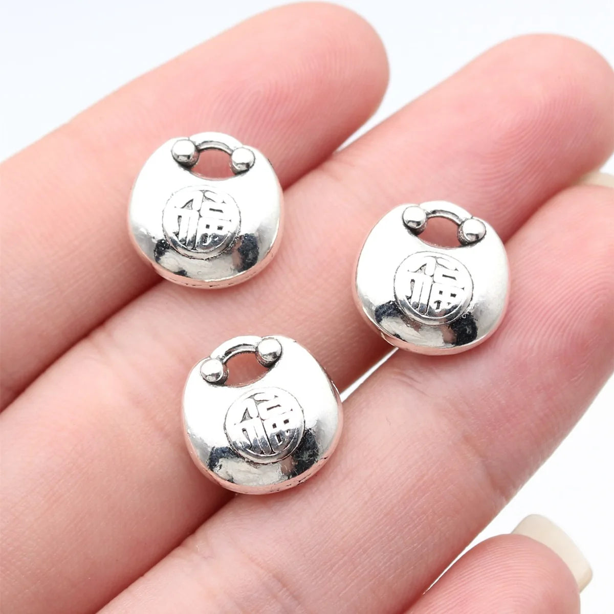 13x13x5.8mm 3g Antique Silver Zinc Alloy Fu Character Lock Charm Pendant for DIY Jewelry Making