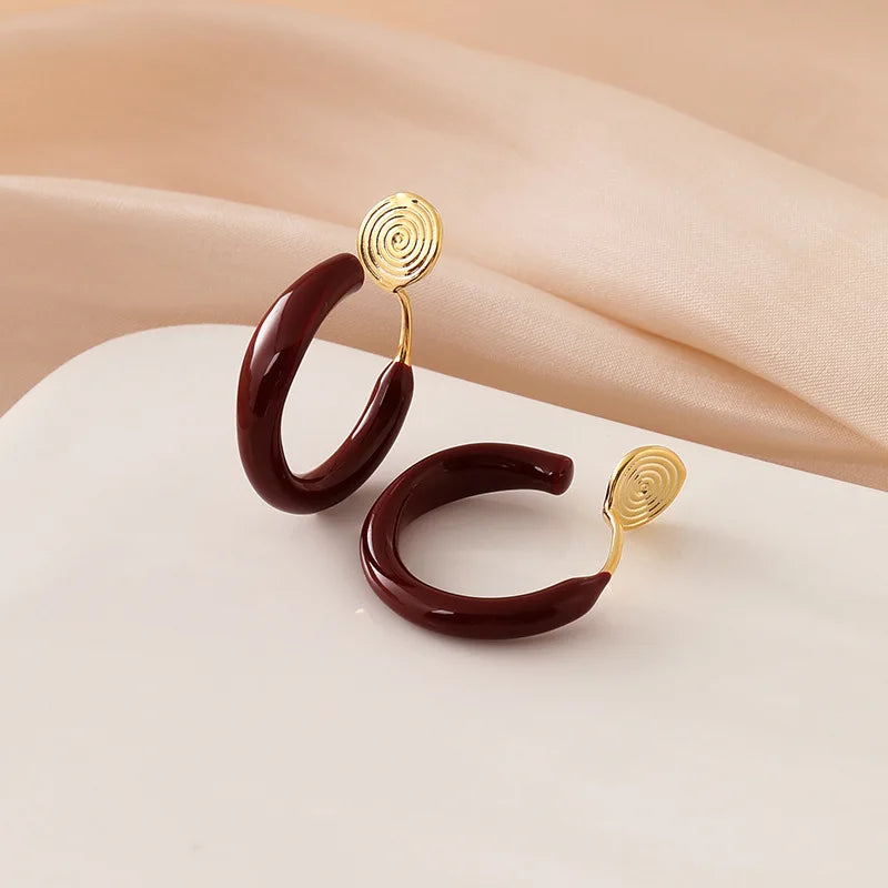 Vintage Burgundy Enamel Thick C Hoop Stud & Clip On No Piercing Glossy Alloy Open Circle Earrings