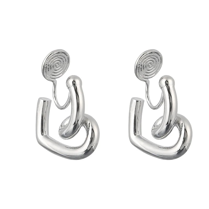 Silver Tone Alloy Open Heart Spiral Stud & Clip On No Piercing Minimalist Ear Cuff Fashion Earrings