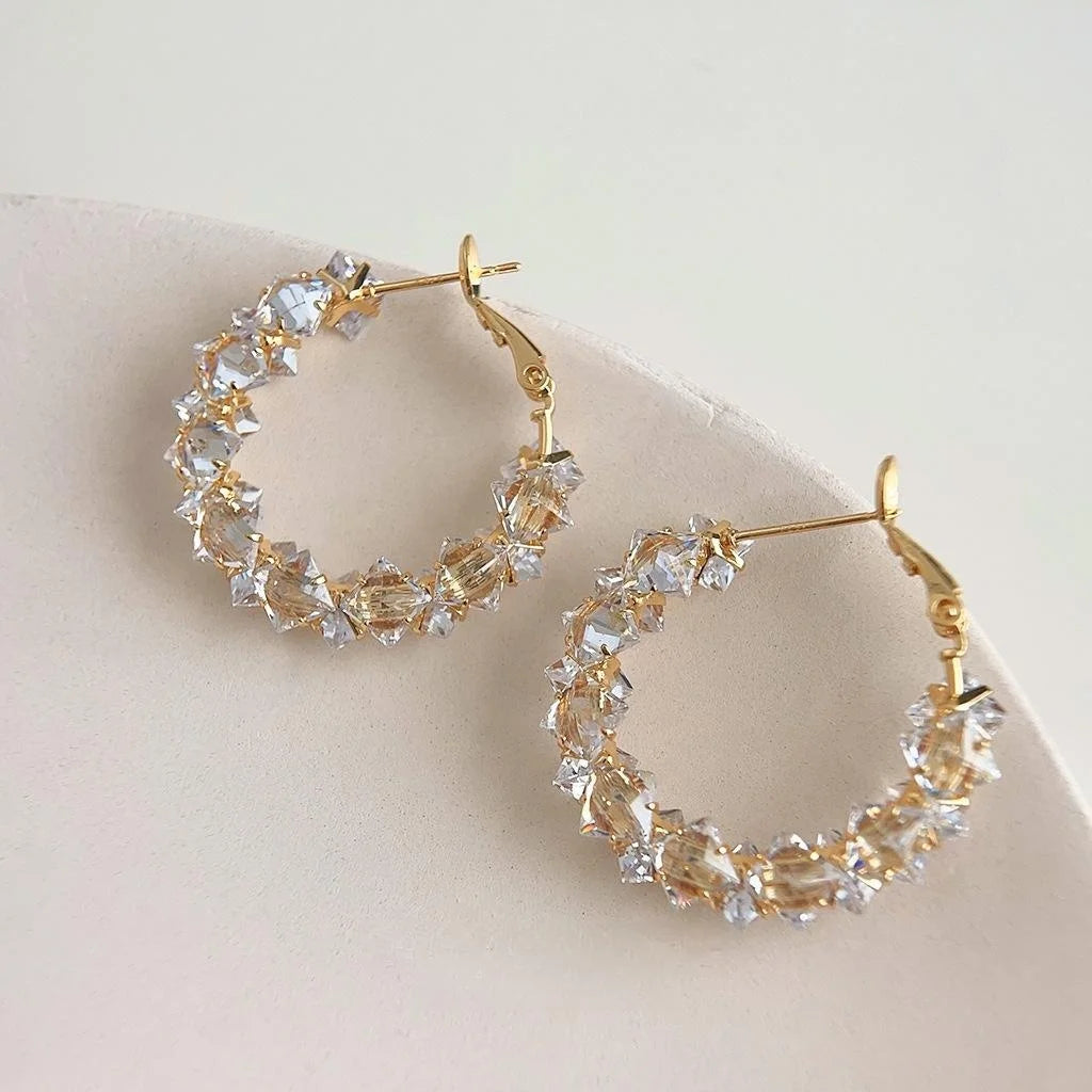 18K Gold Plated Copper Geometric Round Zircon Hoop Earrings, Thick Shiny Luxury Style