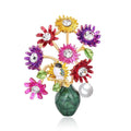 Elegant Enamel Daisy Bouquet Vase Brooch With Rhinestones And Pearl, Alloy Floral Lapel Pin Suit Accessory Gift