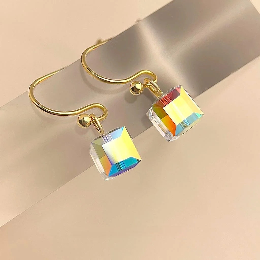 Sparkling Glass Crystal Geometric Square Drop Earrings, Minimalist Luxury Statement Jewelry