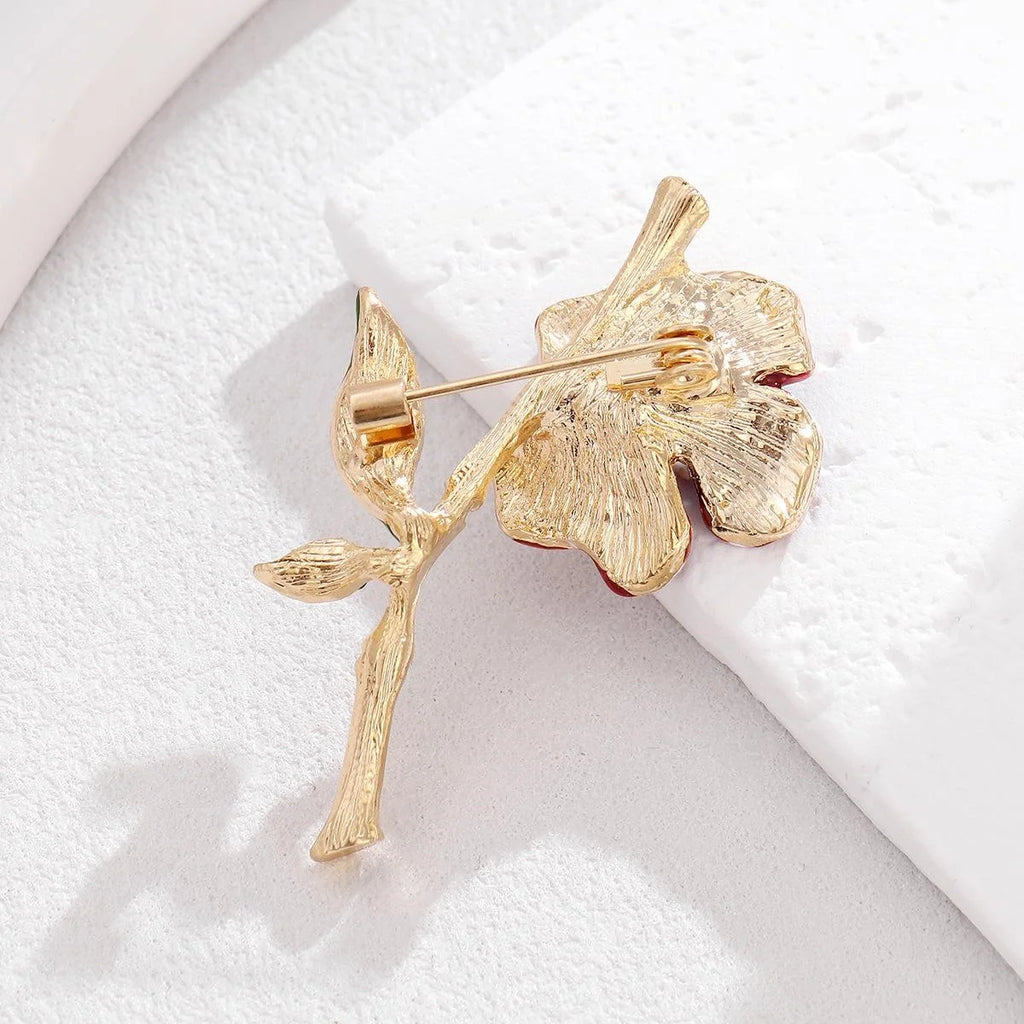 Elegant Enamel Burgundy Flower Brooch With Rhinestone Center, Alloy Stem Lapel Pin Corsage Suit Accessory Gift