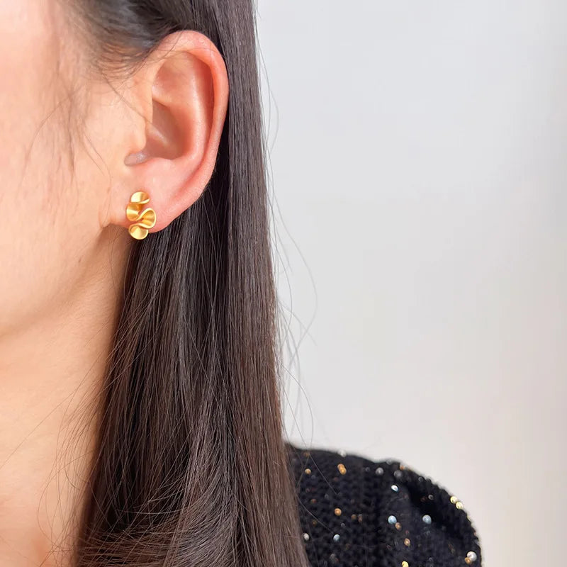 Elegant Matte Gold Alloy Wavy Pleated Ruffle Flower Stud & Clip On No Piercing Statement Earrings