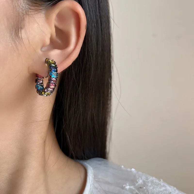 Vintage Rainbow Zircon Hoop Stud & Clip On No Piercing Spiral Alloy Ear Cuff Luxury Earrings