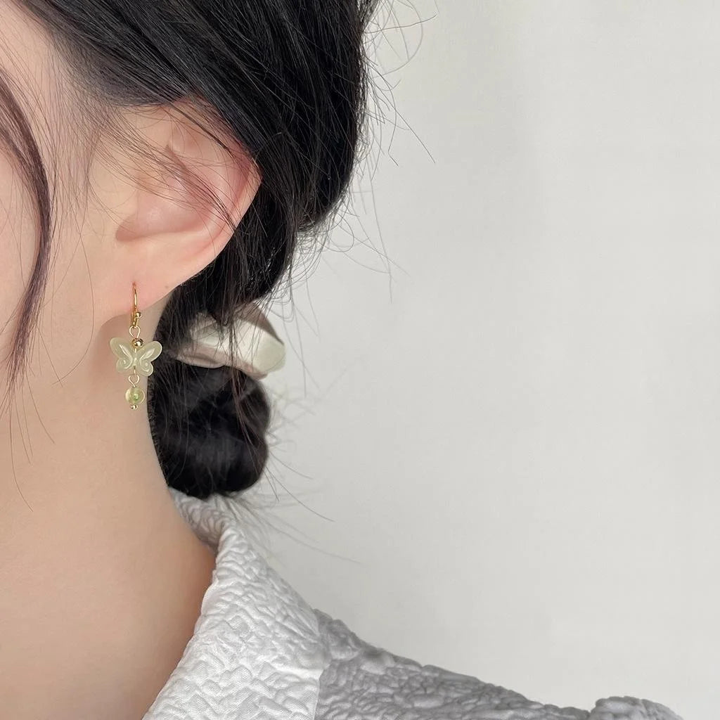Handmade New Chinese Butterfly Drop Earrings Resin Natural Stone Artistic Designer Jewelry