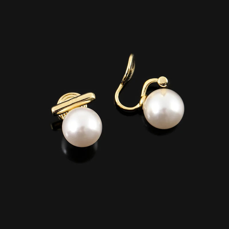 Elegant Faux Pearl Gold Alloy Bar Stud & Clip On No Piercing French Minimalist Commuter Earrings