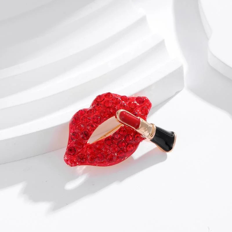 Elegant Red Lips And Lipstick Rhinestone Enamel Brooch, Creative Fashion Lapel Pin Suit Accessory Gift