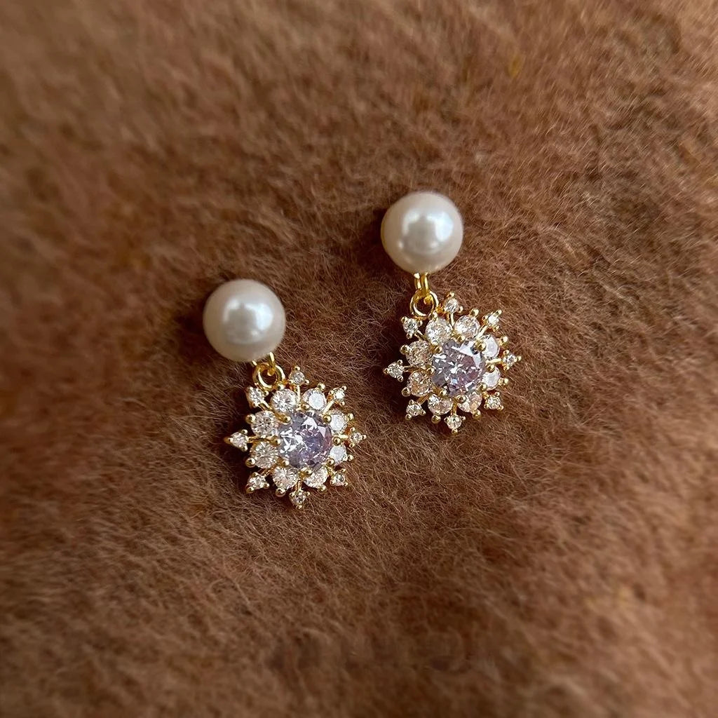 Light Luxury Zircon Snowflake Glass Pearl Star Drop Earrings Handmade Fashion Jewelry