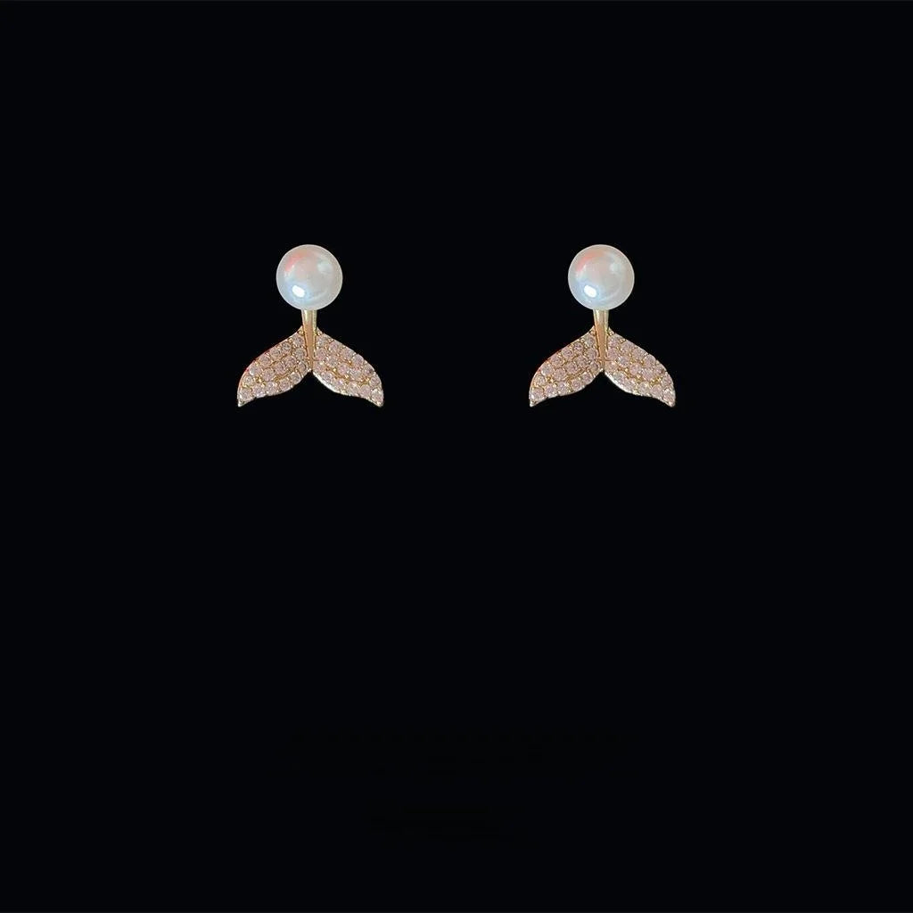 14K Plated Micro Pave Zircon Fishtail Pearl Stud Earrings Geometric Line Luxury Ear Jewelry