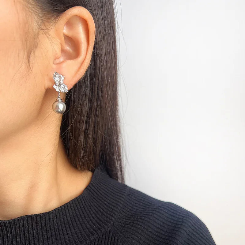Luxury Zircon Butterfly Pearl Drop Stud & Clip On No Piercing Silver Gray Rhinestone Earrings