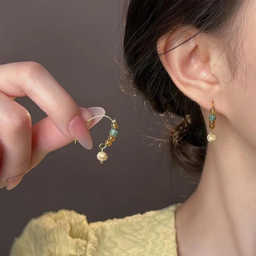 Vintage Liuli Glass Geometric Drop Earrings For Women, Round Square Minimal Commuter Jewelry