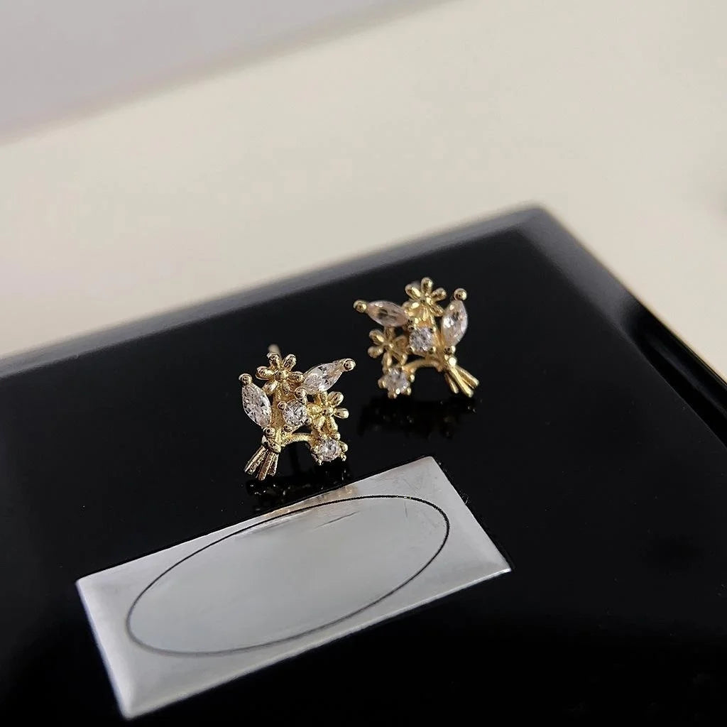 Micro Pave Zircon Floral Bouquet Copper Stud Earrings Simple Vintage Sweet Small Jewelry