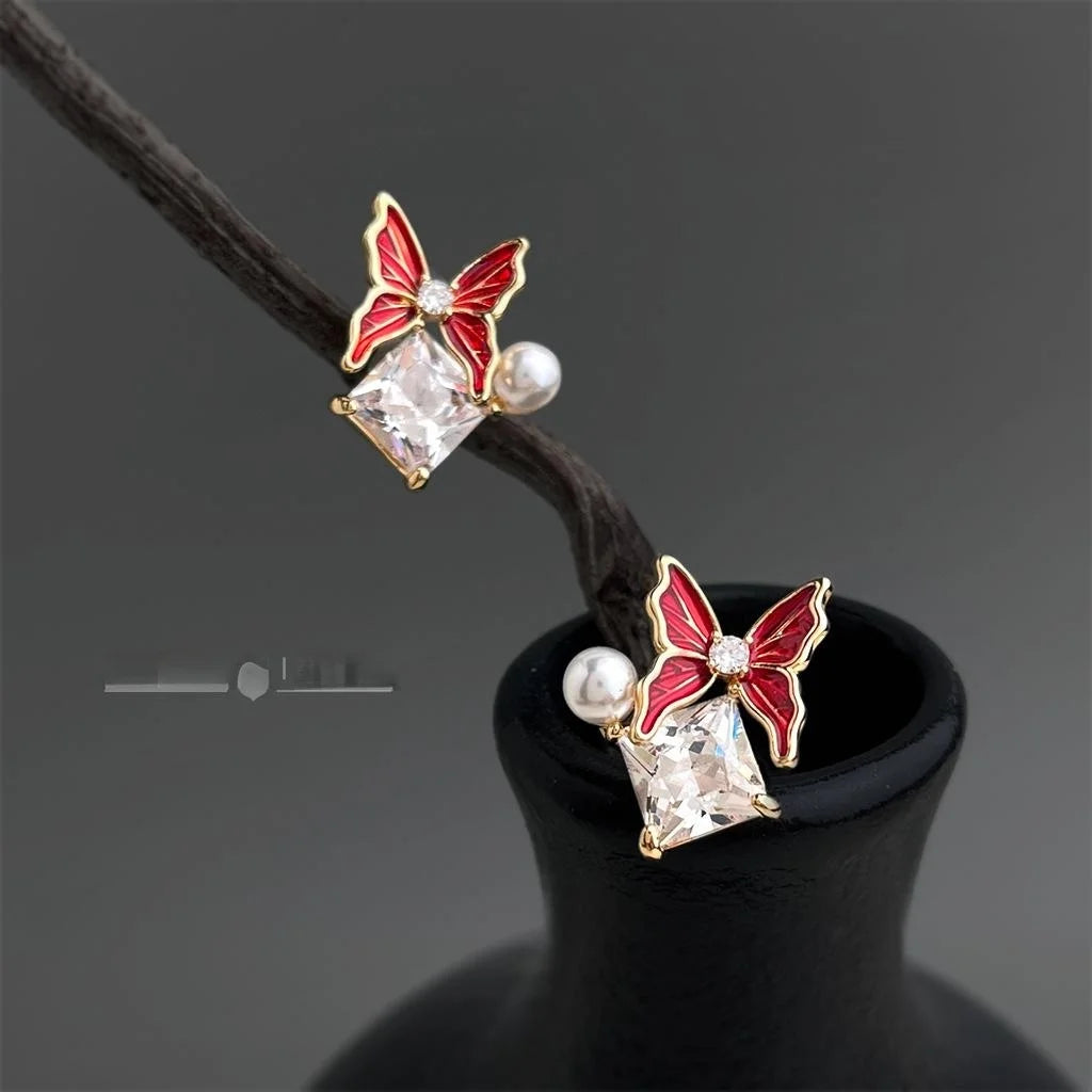 Luxury Butterfly Geometric Zircon Pearl Enamel Copper Stud Earrings