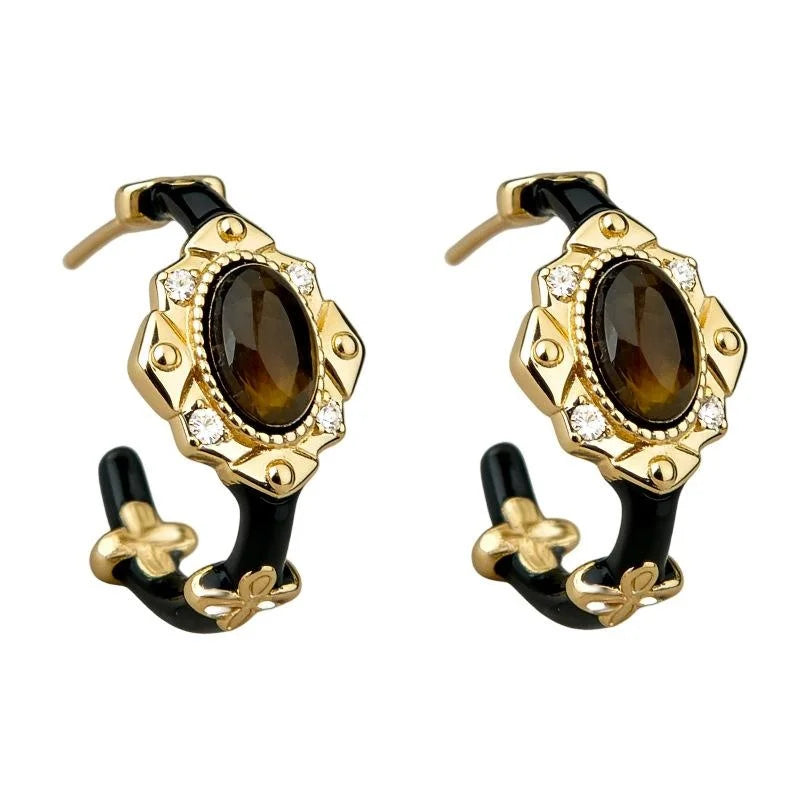Vintage Maillard Tiger Eye Enamel Drip Glaze Copper Black Gold Round Drop Earrings With Zircon