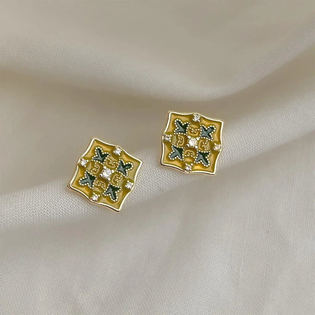 Light Luxury Copper Enamel Geometric Flower Stud Earrings With Zircon And Silver Plated Pins