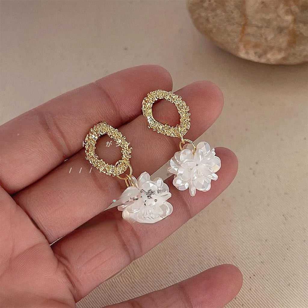 French Vintage Handmade Pearl Ball Flower Hollow Geometric Copper Stud Earrings