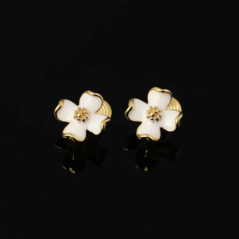 Elegant White Enamel Flower Alloy Stud & Clip On No Piercing French Style Women's Earrings