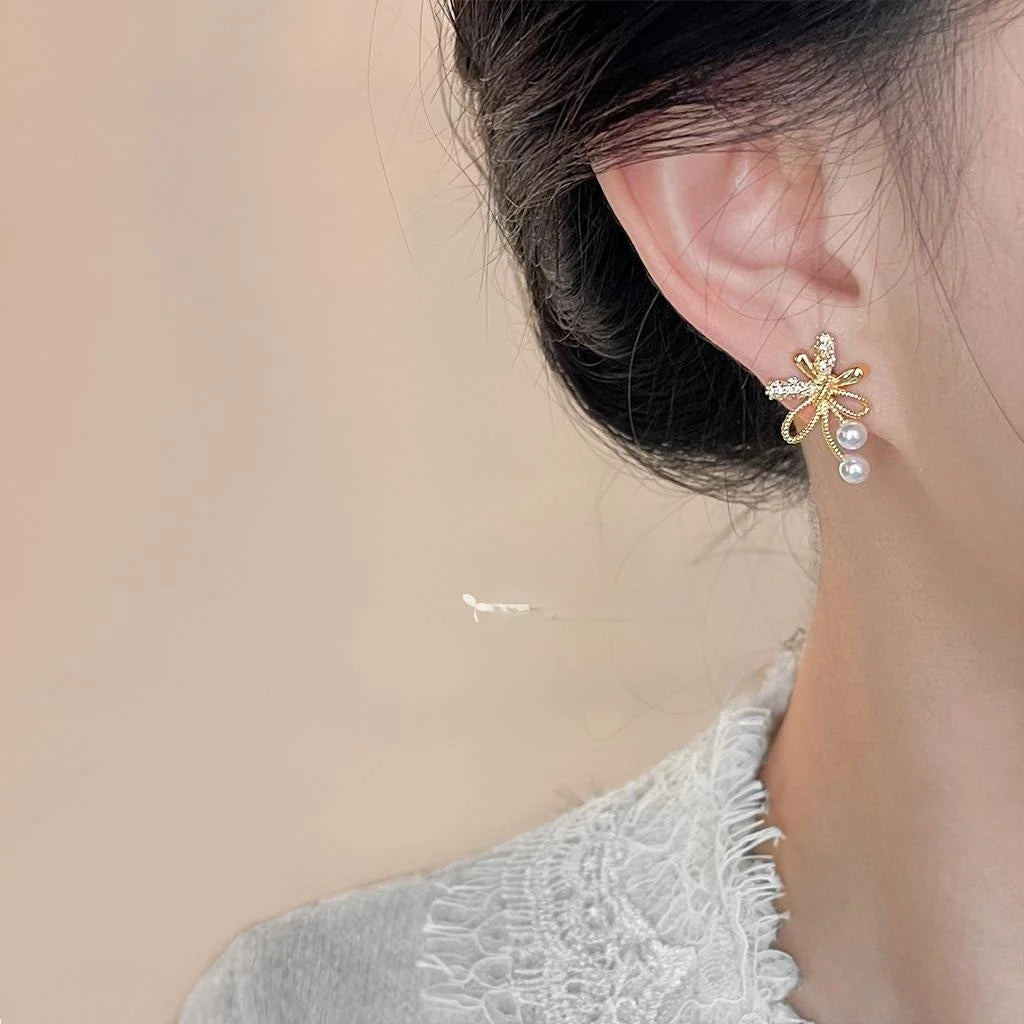 14K Plated Copper Firework Bow Stud Earrings With Pearl Zircon Micro Pave Elegant Office Jewelry