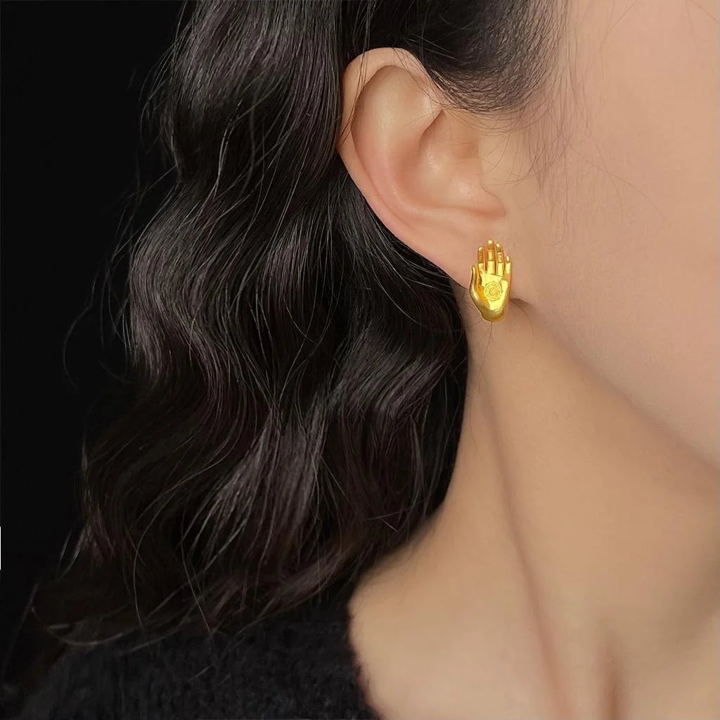 Retro Chinese Style Copper Palm Hand Stud Earrings Good Luck Jewelry