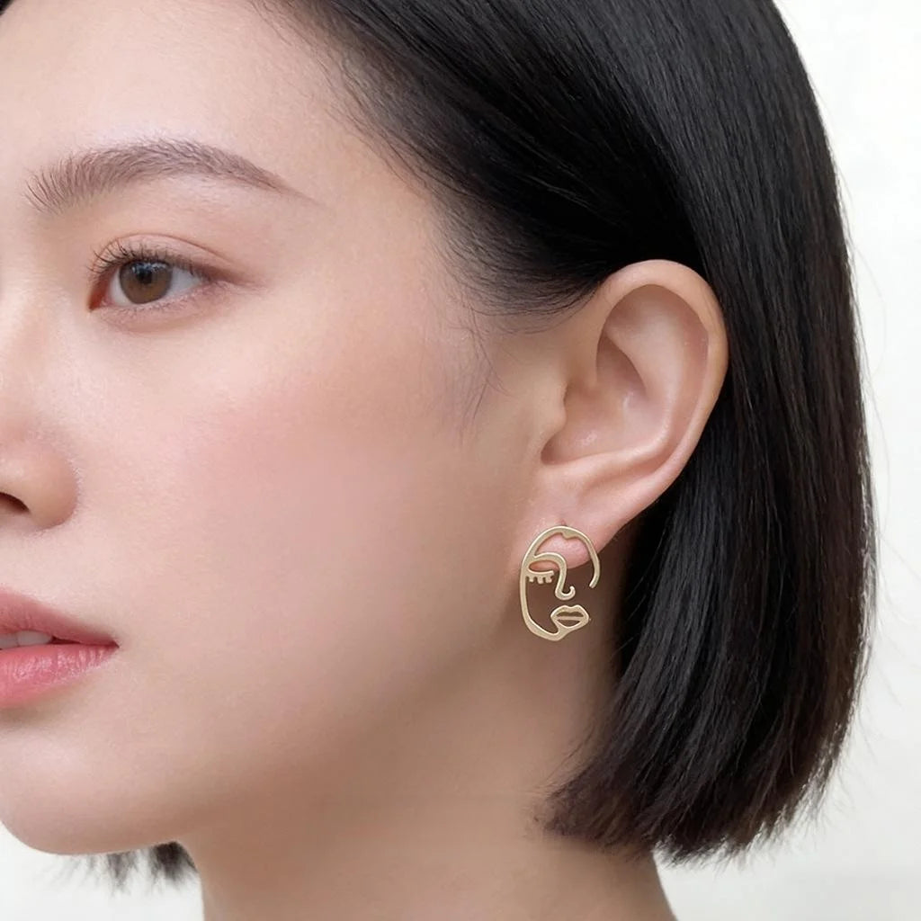 Gold Plated Copper Geometric Face Hollow Stud Earrings Korean Style Art Jewelry