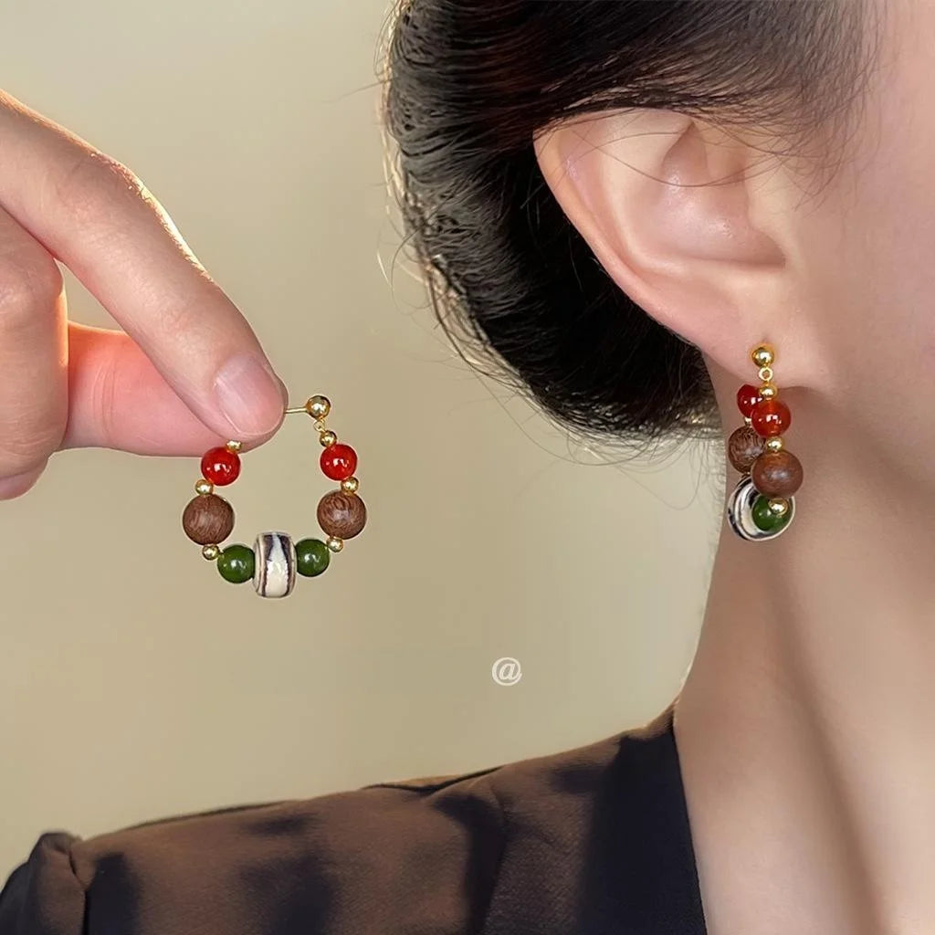 Vintage Handmade Ceramic Agate Geometric Irregular Round Hoop Line Drop Earrings