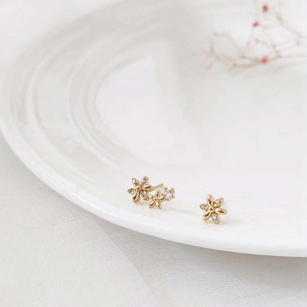 Gold Plated Copper Asymmetric Zircon Flower Stud Earrings With Silver Plated Pins, Fresh Minimalist