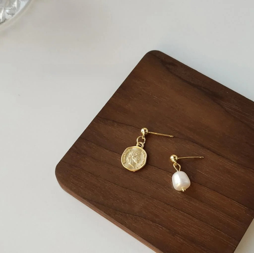 Gold Plated Freshwater Pearl Stud Earrings Handmade Asymmetric Baroque Portrait Design
