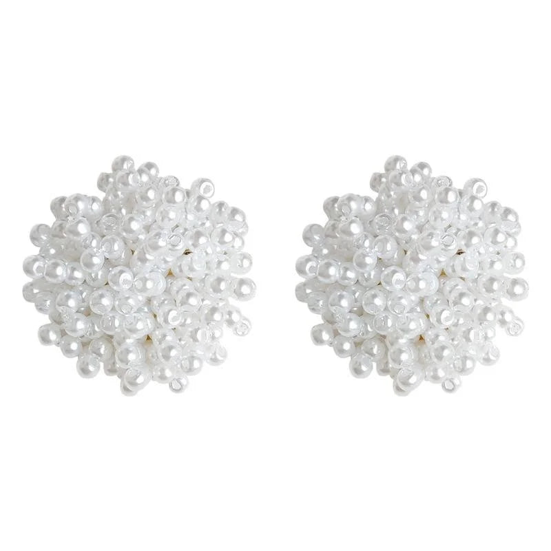French Vintage Handmade White Faux Pearl Beaded Flower Stud Earrings