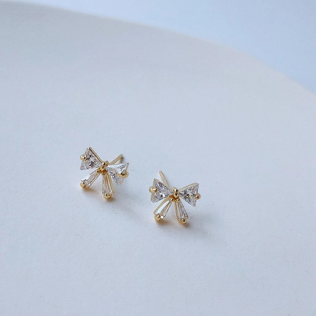14K Gold Plated Zircon Micro Pave Bow Stud Earrings For Women Light Luxury Mini Jewelry