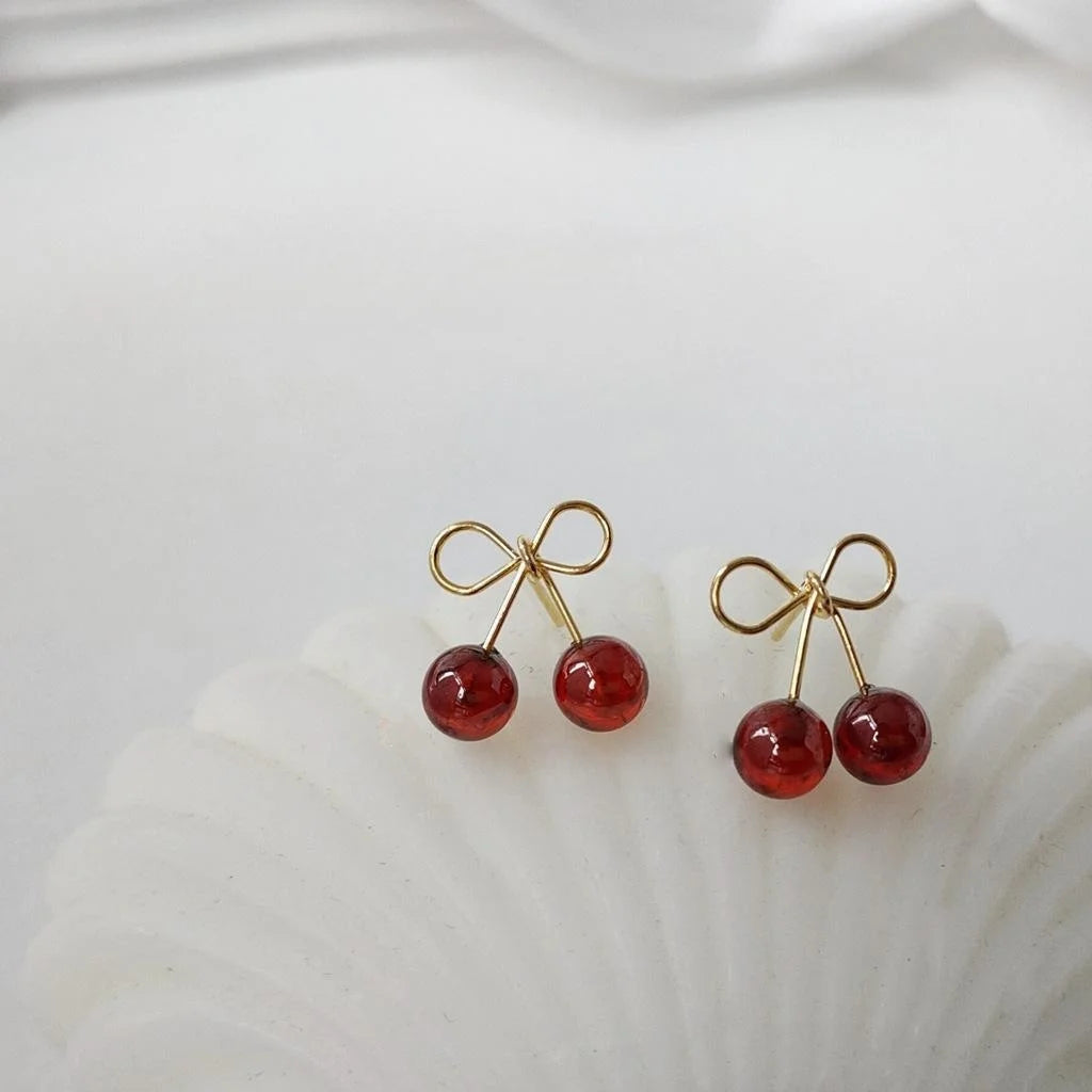 14K Gold Plated Garnet Small Cherry Stud Earrings Vintage French Korean Style Jewelry
