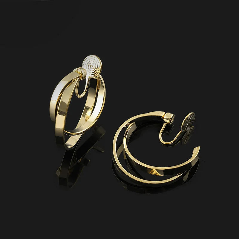 Elegant Gold Alloy Spiral Disc Hoop Stud & Clip On No Piercing Minimalist Round Statement Earrings