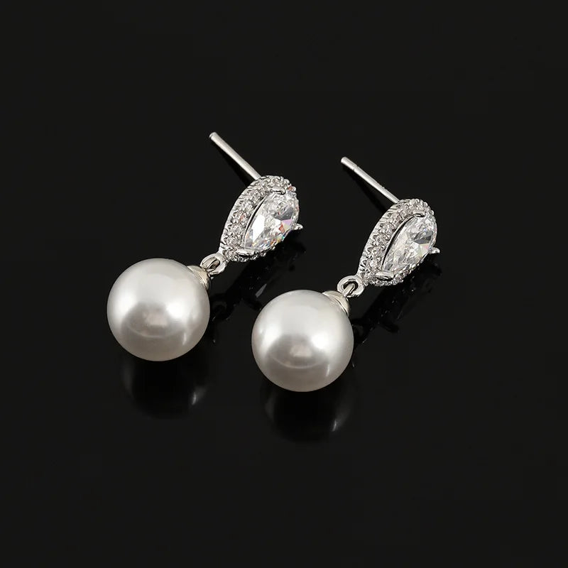 Elegant Teardrop Zircon Halo Pearl Drop Alloy Stud & Clip On No Piercing Luxury Dangle Earrings