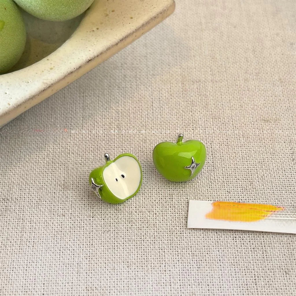Asymmetric Green Apple Stud Earrings Copper Enamel Zircon Starburst Style for Women