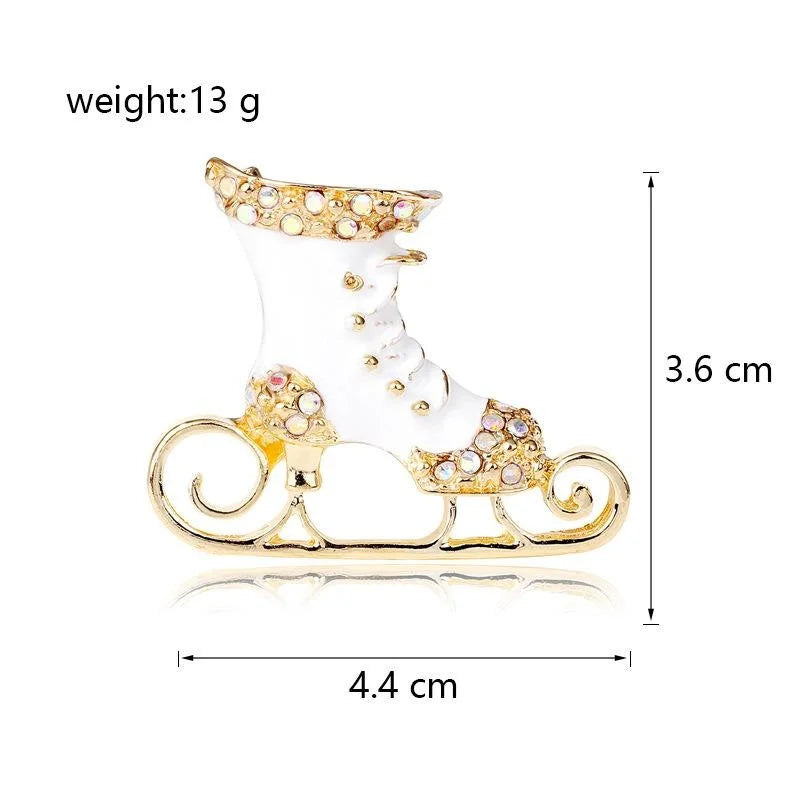 Cute Christmas Ice Skate Boot Brooch With White Enamel And Rhinestones, Gold Alloy Lapel Pin Gift