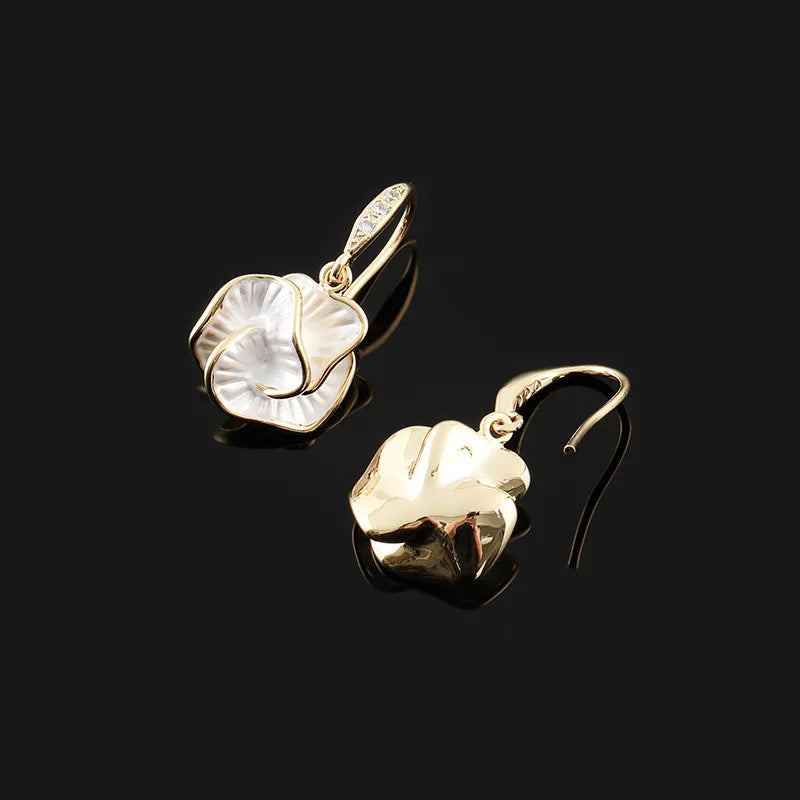 Elegant Camellia Flower Shell Enamel Alloy Rhinestone Drop Stud & Clip On No Piercing Earrings