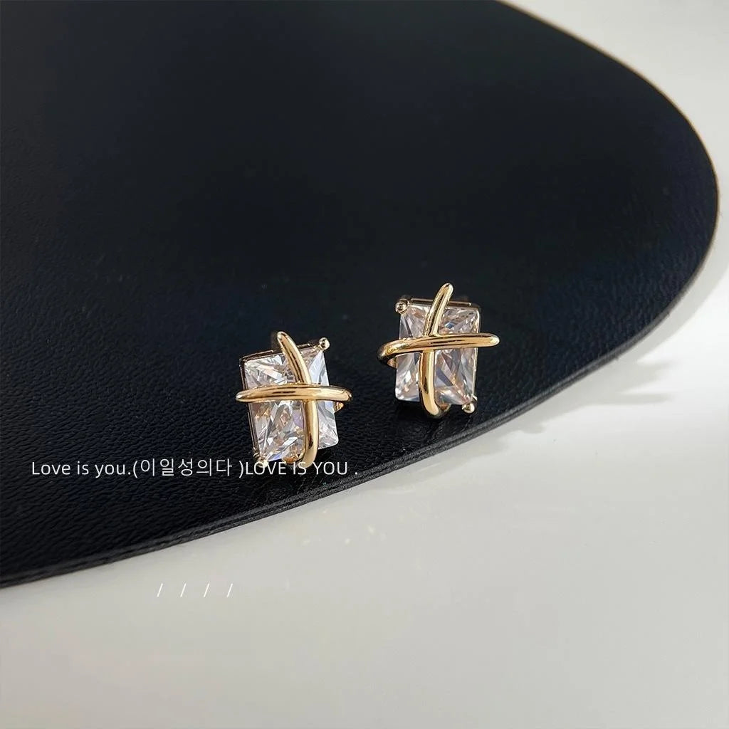 Light Luxury Copper Cubic Zirconia Stud Earrings Geometric Cross Line Square Design