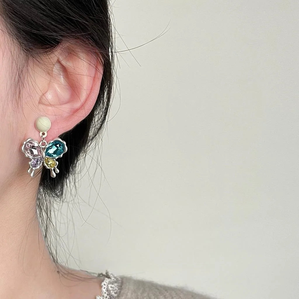 Sweet Cool Colorful Glass Crystal Butterfly Drop Earrings Candy Color Creative Student Jewelry