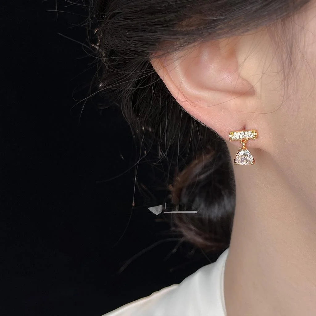 Micro Pave Zircon Geometric Balance Beam Heart Bell Stud Earrings Copper Minimalist