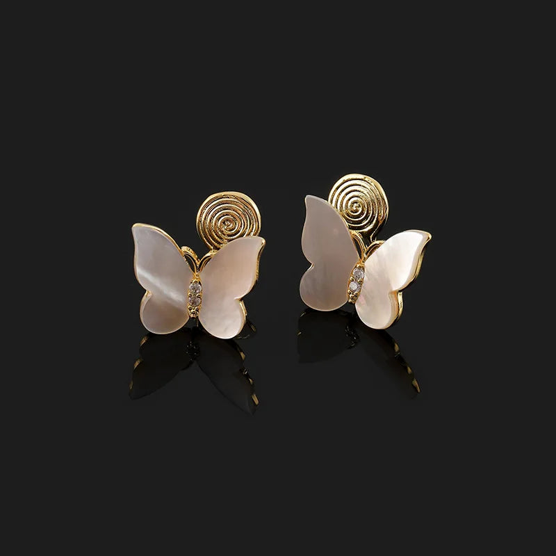 Elegant Natural Shell Butterfly Zircon Stud & Clip On No Piercing Light Luxury Women's Earrings