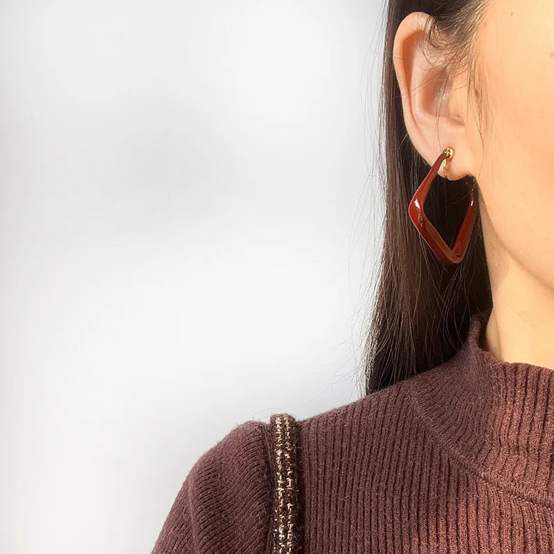 Vintage Burgundy Enamel Alloy Diamond Hoop Stud & Clip On No Piercing Geometric Statement Earrings
