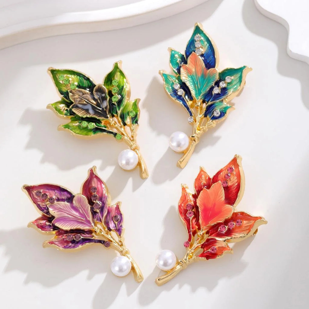 Elegant Enamel Leaf Flower Brooch With Faux Pearl And Rhinestones, Luxury Alloy Lapel Pin Corsage Gift